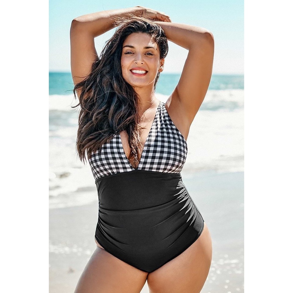 Cupshe Black and White Gingham Ruched Plus Size One Piece Swimsuit size 1X